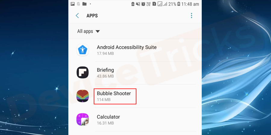 From the list select the app of which you want to clear the cached data.