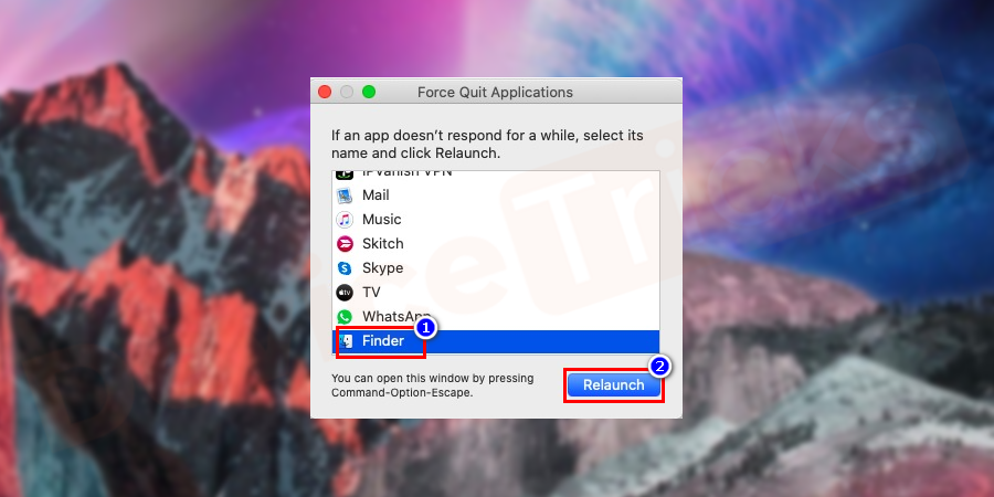 From the list of options locate Finder and select the relaunch option.