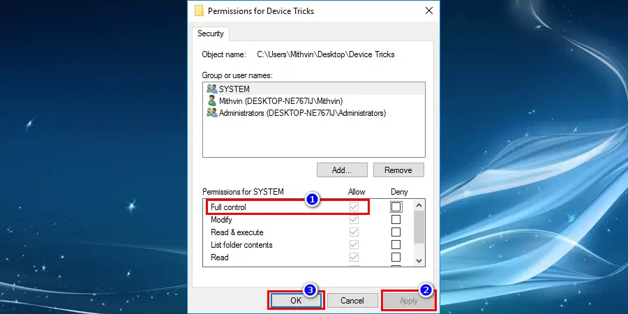 Tick mark the Full control box and save the changes by click on the OK and Apply button to fix Windows File Explorer keeps crashing