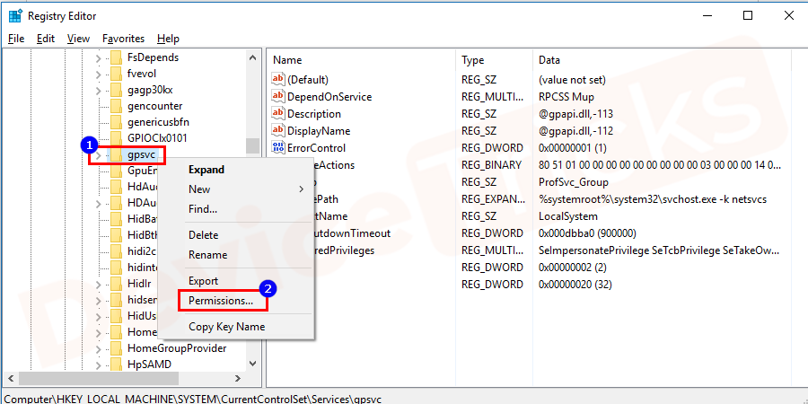 Click the right button on the GPSVC folder and select the Permission option and hit the Enter button.