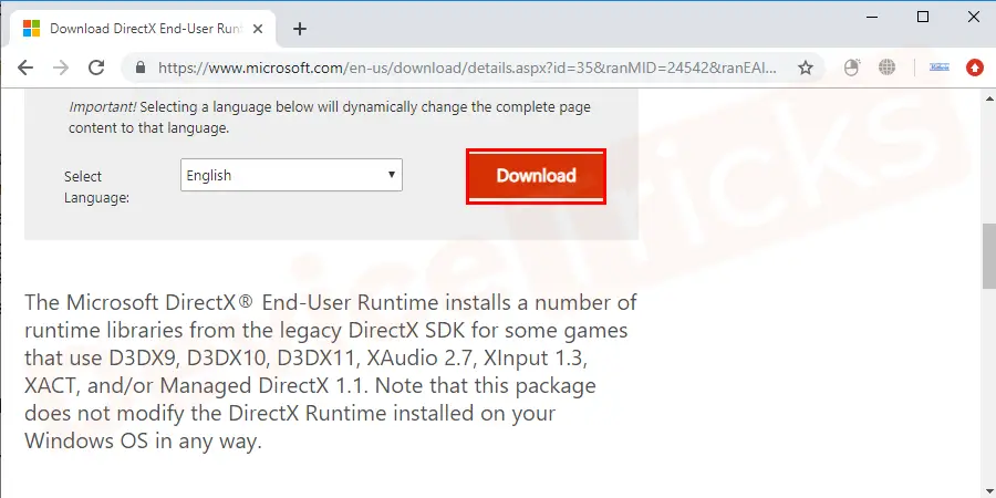 Go to Microsoft’s Direct X page and click on the Download button.