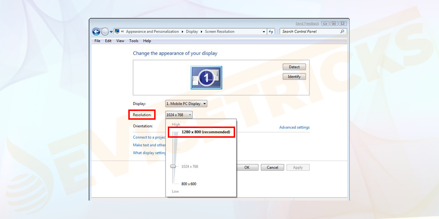 Go to Resolution and click on the drop-down arrow. And select the resolution that is the marked “recommended.” The recommended resolution is the best resolution for your PC.