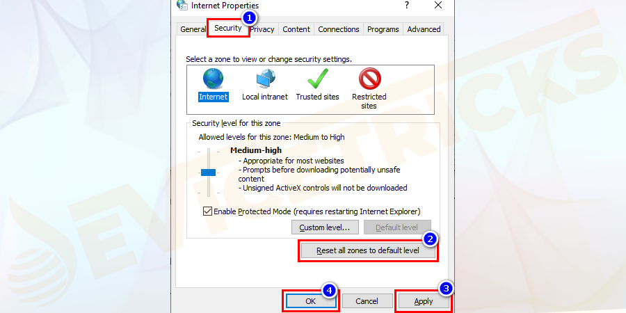 Go to Security and then click ‘Reset all zones to default level.’ Click Ok.