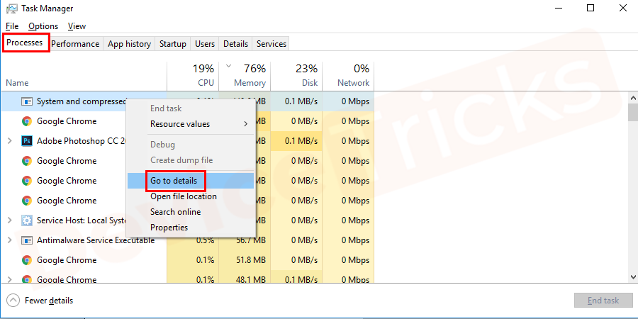 Navigate to the "Processes tab" and locate the high usage exe.service