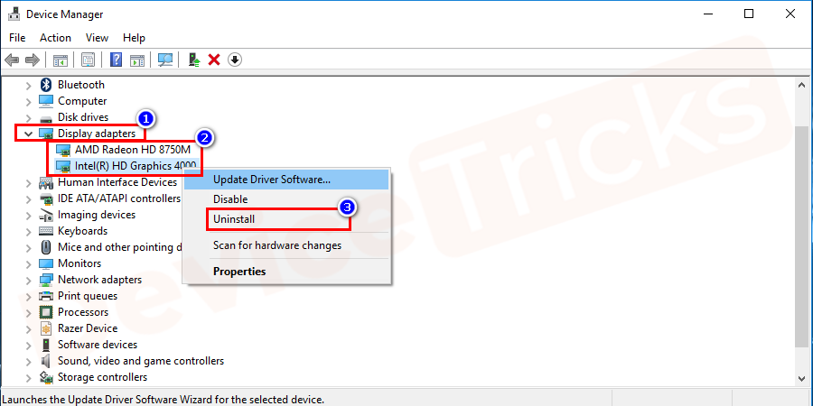 There will be some devices in the list, go to Display Adapters, right-click the faulty device, and uninstall it.