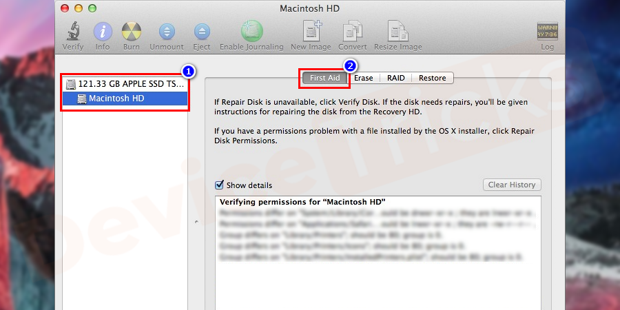 Go to the left side panel and select the disk which you want to repair. Press the First Aid button present on the top and keep continuing the Disk Utility Checking Process.
