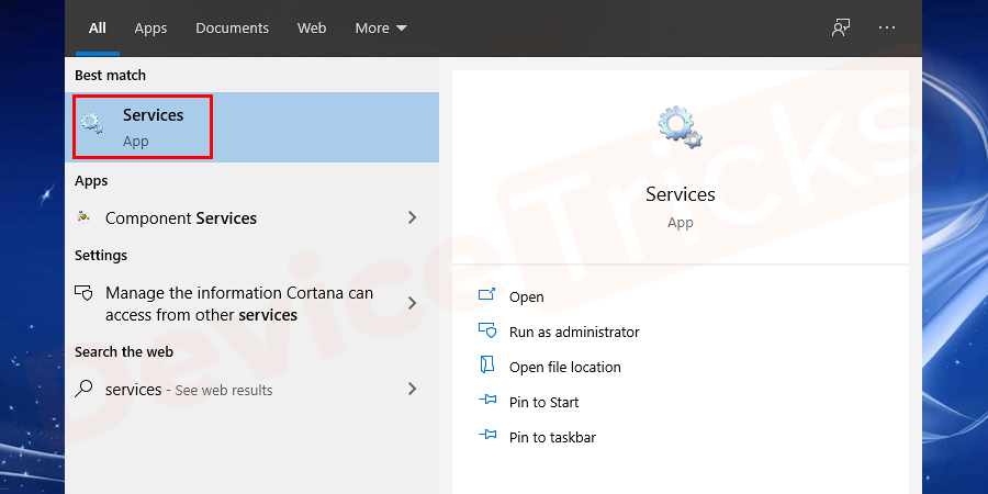 Go to the search bar and type services.