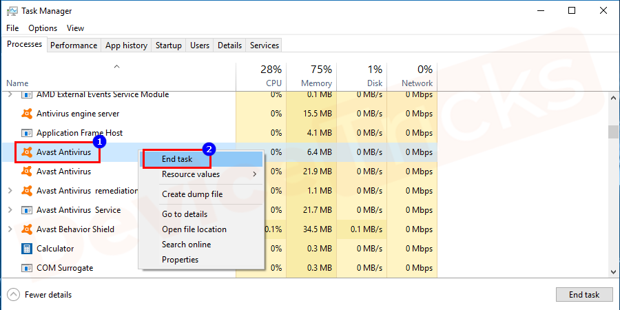 A new window opens go to your Antivirus software and right-click on it and select end task.