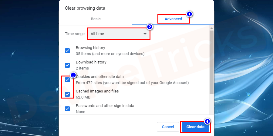 Remember to check the boxes beside "Cookies and other site data" as well as "Cached images and files".