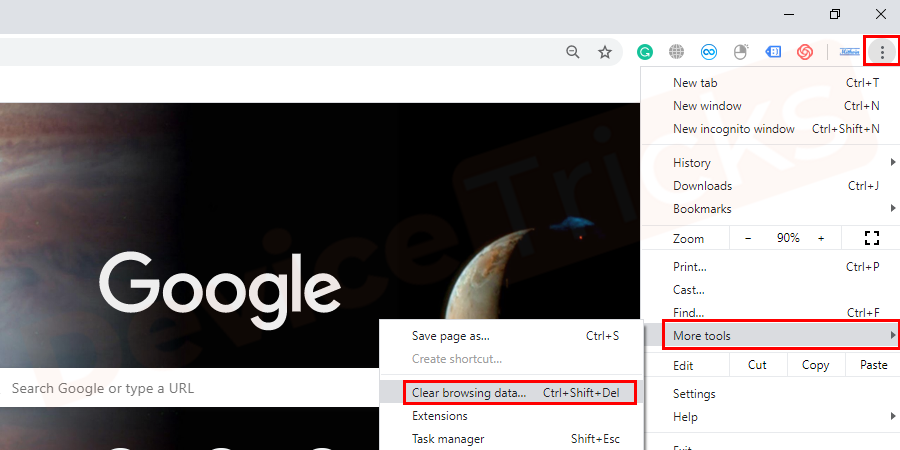 Next, click on More tools and now select 'Clear browsing data'.