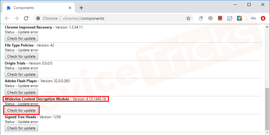 Click on the Check for update button under WidevineCdm.