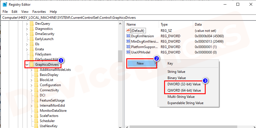Check the option Graphics Drivers folder. Right-click any empty area in the right pane and select New > QWORD (64-bit) to add a new registry key. If you have the 32-bit system, then you have to choose New > DWORD (32-bit).