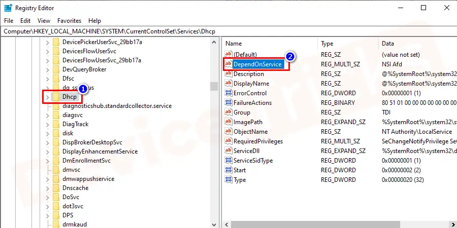 Now select the Dhcp folder. Look into the right side of the panel and it is filled with few files and your job is to explore the DependOnService file and after finding the same, double-click on it.