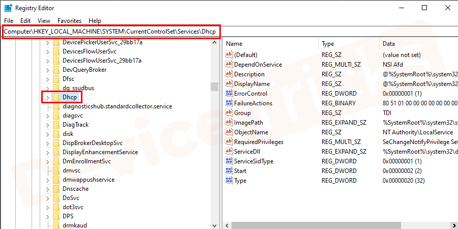 Now, click on the arrow button to expand the features and navigate to ‘HKEY_LOCAL_MACHINE’> SYSTEM>CurrentControlSet>Services>DHCP.