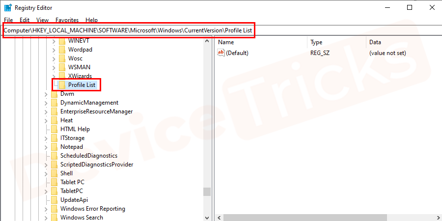 Navigate to HKEY_LOCAL_MACHINE\SOFTWARE\Microsoft\Windows NT\Current Version\Profile List.