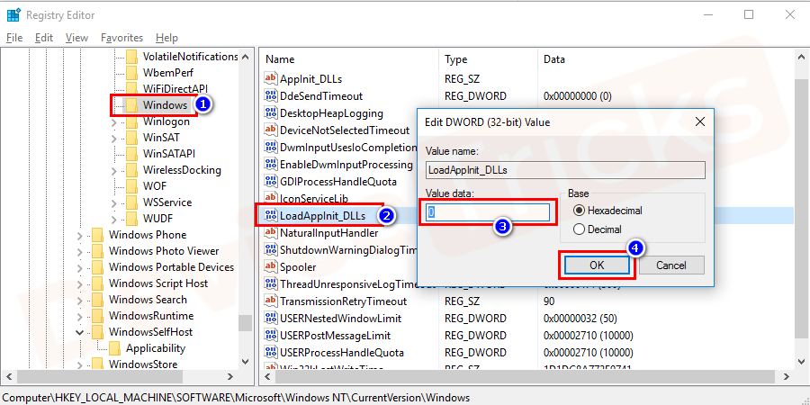 Double click on "LoadAppInit_Dll." Now change its value to 0 and click on "OK.
