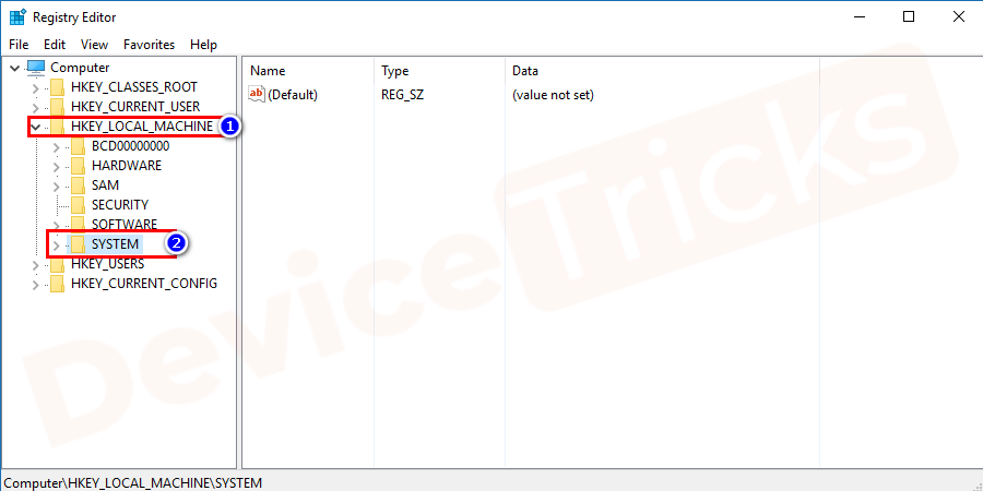 Now navigate to the HKEY_LOCAL_MACHINE given in the left pane of your Registry Editor panel and then go to the System.