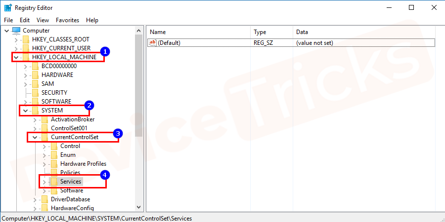 Further, navigate to the Current Control Set section and click on the Services folder.