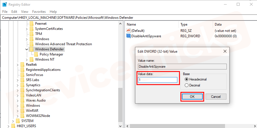 Now, open the DisableAntiSpyware by clicking on it and a pop – up window will open and enter the VALUE DATA as 1 and click on the OK button.