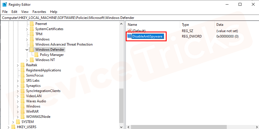 Enter “DisableAntiSpyware” as the file name and press the Enter button.