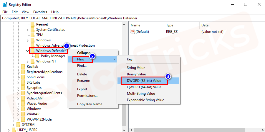 Right-click on the Windows Defender folder, you can see the options and select the NEW option, and selecting it will give some more options parallel to it. On the next scroll down select DWORD (32 - BIT) VALUE.