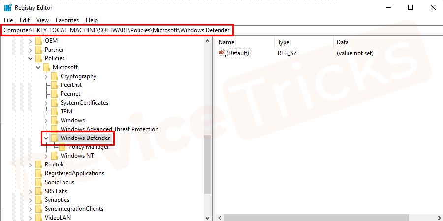 You will proceed to the new window, you have to expand the HKEY_LOCAL_MACHINE folder by clicking to expand it. And next, expand the SOFTWARE folder, scroll down and expand the policies folder, expand the Microsoft folder, click on the Windows Defender folder.