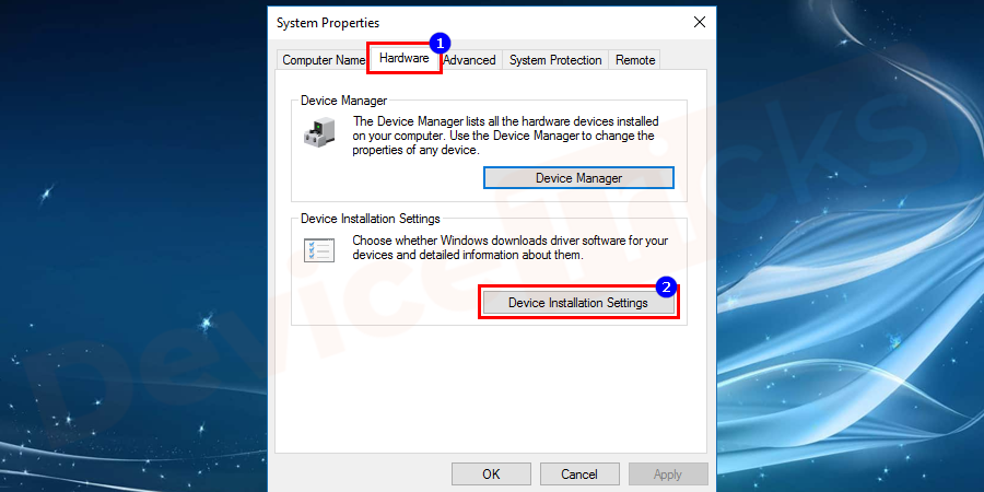 Open the Hardware tab and click on Device Installation Settings.