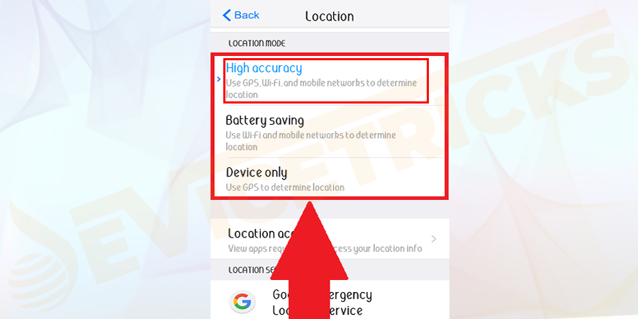 Next under select High Accuracy option and next to raise the bar of Google location history to make it ON.