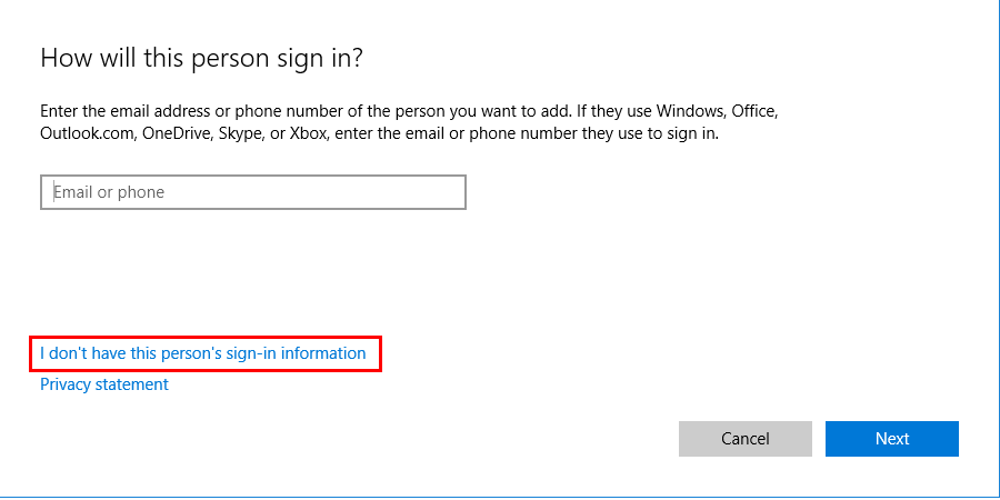click on I don’t have this person’s sign-in information