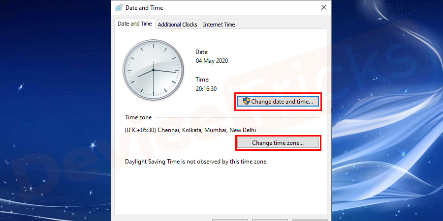 If there is any change, click on the change date and time to set the current time automatically.