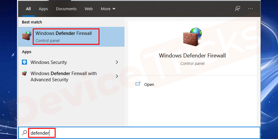 In Start Window search for Firewall and open Windows Defender Firewall.