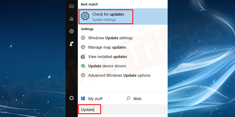 In the search box, type Update and hit Enter.