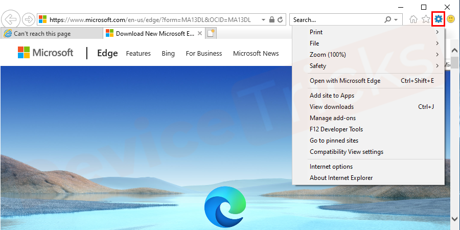 On the right-hand corner of your browser, you would find a 'gear' icon, which is also referred to as the Tools icon. You need to click on that.