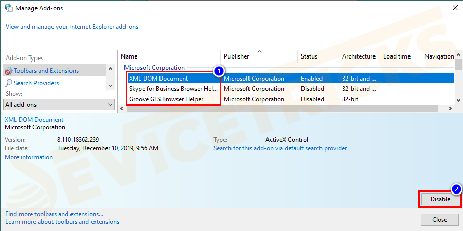 You will be seeing the list of add-ons on Internet Explorer. Click each one and select Disable.