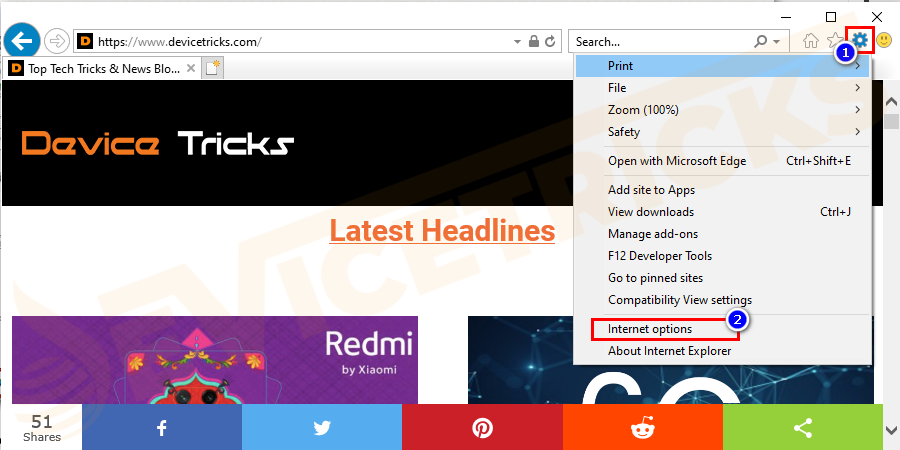 Launch Internet Explorer. Go to the menu bar and select Tools and then click on Internet options.  