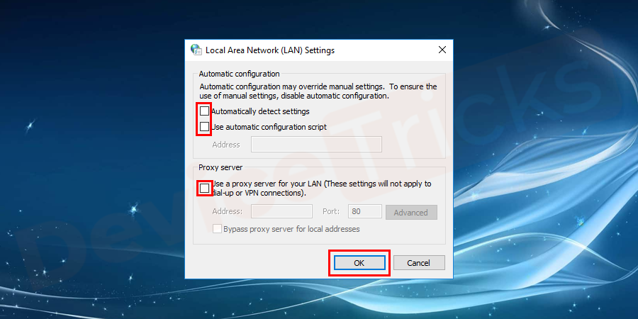 A new window opens, uncheck all the boxes. And click on the OK button.