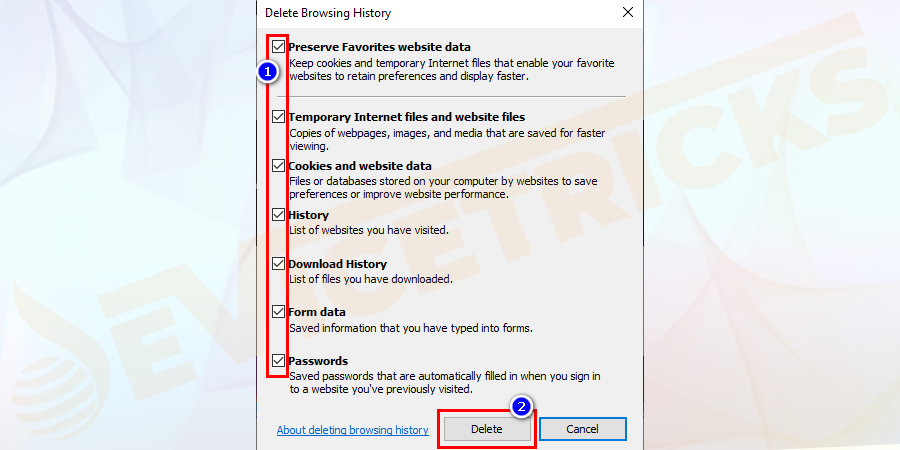 Select All options and then choose Delete.