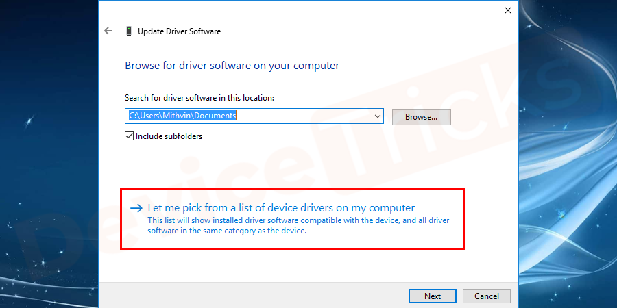 Select let me pick from a list of Device Drivers on My Computer.