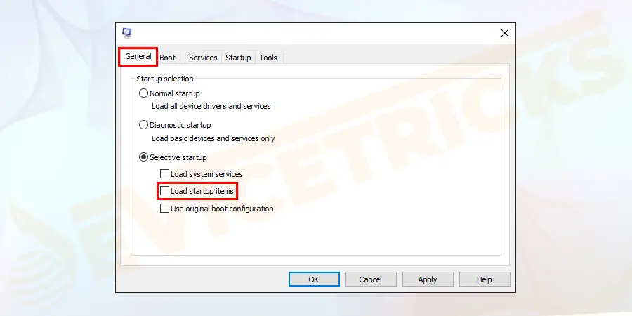 In the System Configuration window, navigate to the General Tab. Uncheck the Load startup items under selective startup.