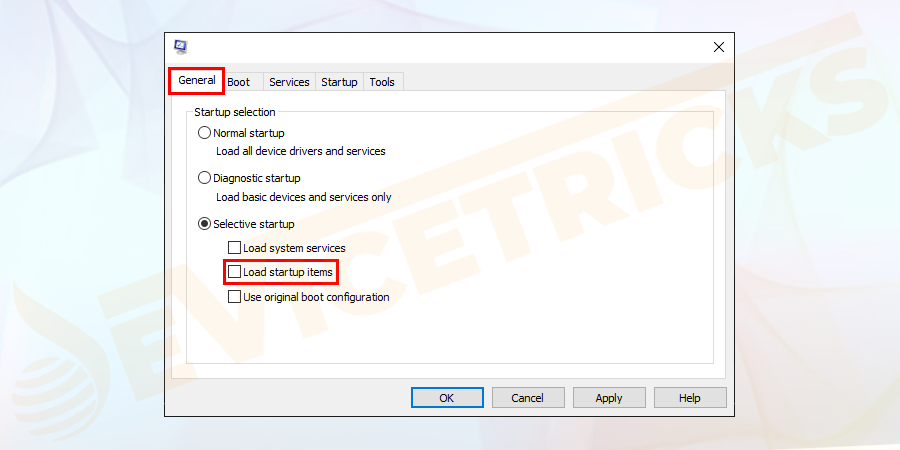 In the System Configuration window, navigate to the General Tab. Uncheck the Load startup items under selective startup.