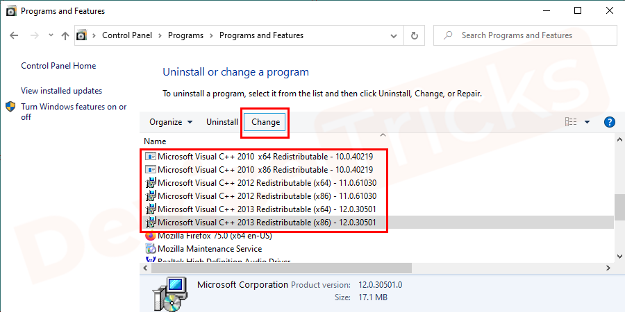 You have to select Microsoft C++ 2015 if you found in the list and then click on the change option.