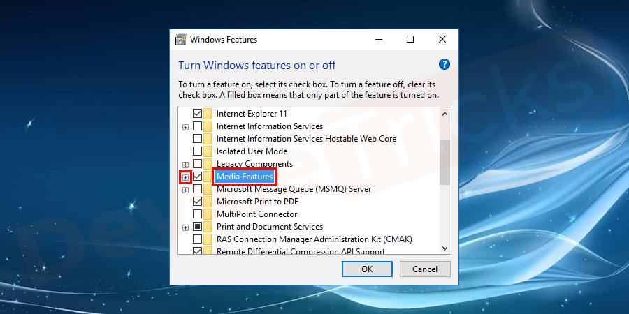 Thereafter, a pop-up window will open and here you need to select ‘Media Features’. Click on the plus symbol given beside the ‘Media Features’ to expand the options.