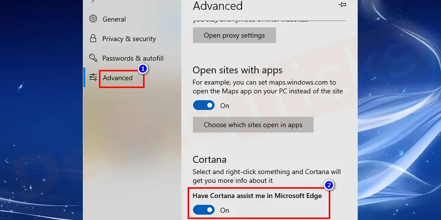 Here, in this section, you will find several options, move to ‘Privacy and services’ and turn ON the slider ‘Have Cortana assist me in Microsoft Edge’.