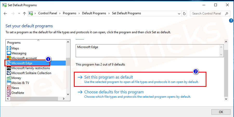 Navigate to web browser section, click on it and choose Microsoft Edge from choose an App list to set the Microsoft Edge as a default browser.