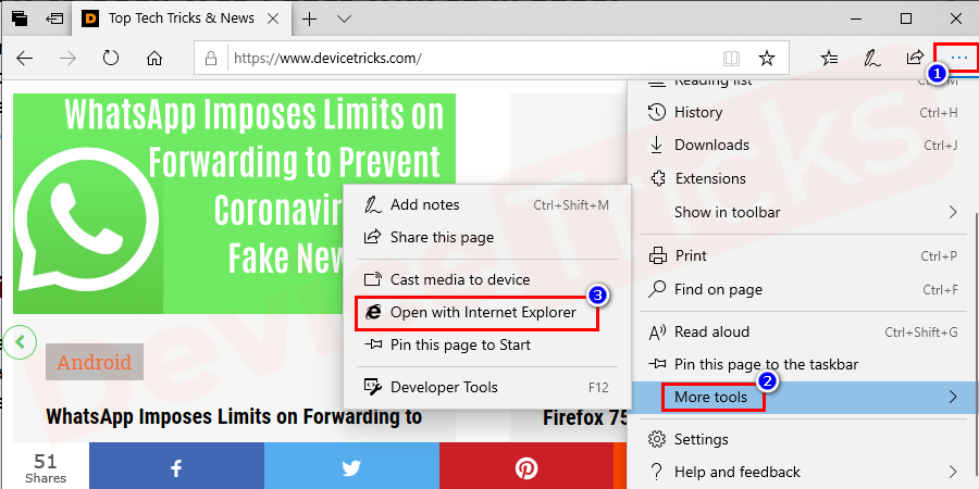Then From drop-down options select More Tools > Open with Internet Explorer.