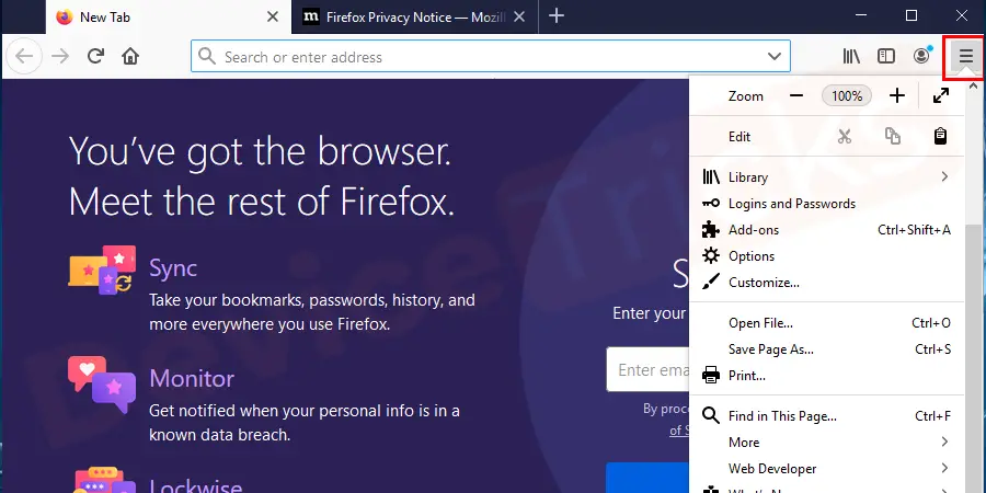 Visit your Mozilla browser and click on the menu.