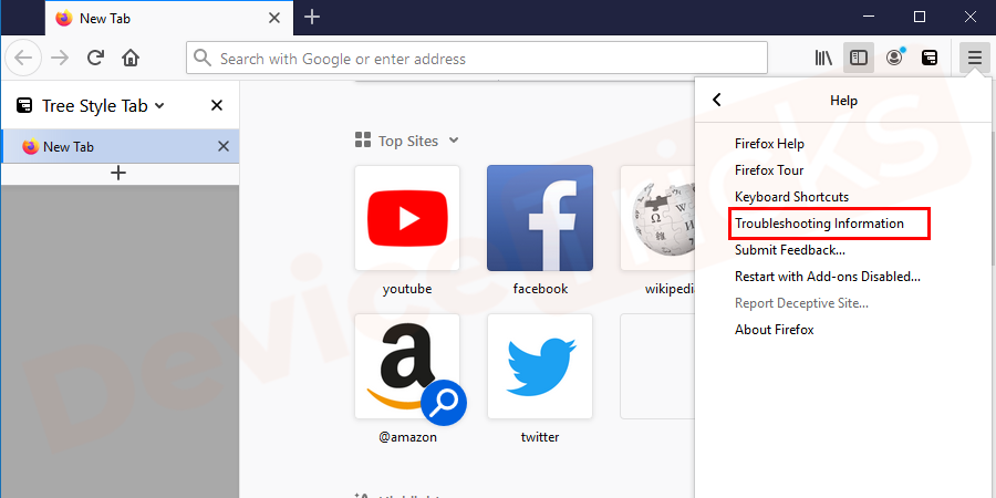 On the list, select troubleshoot information as shown in the figure.