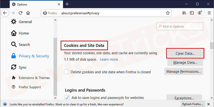 Next, you need to click on the 'clear data' found In the 'Cookies and Site Data' section.