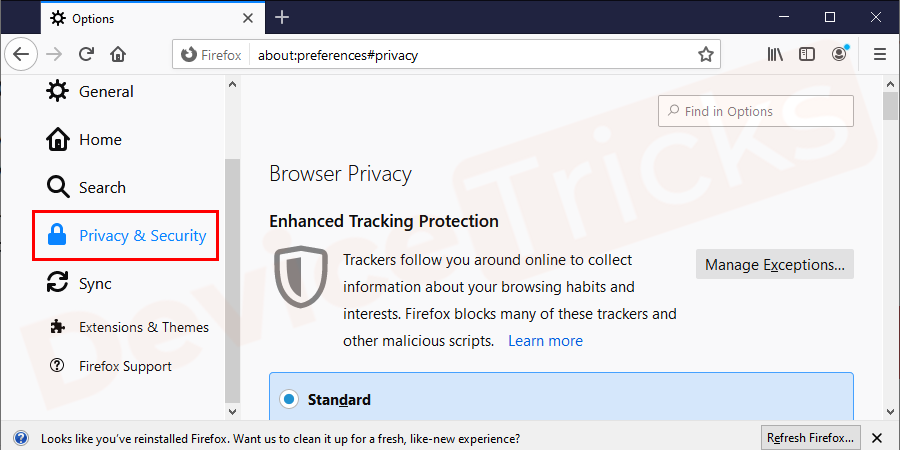 Now, you need to select the 'Privacy & Security panel'.