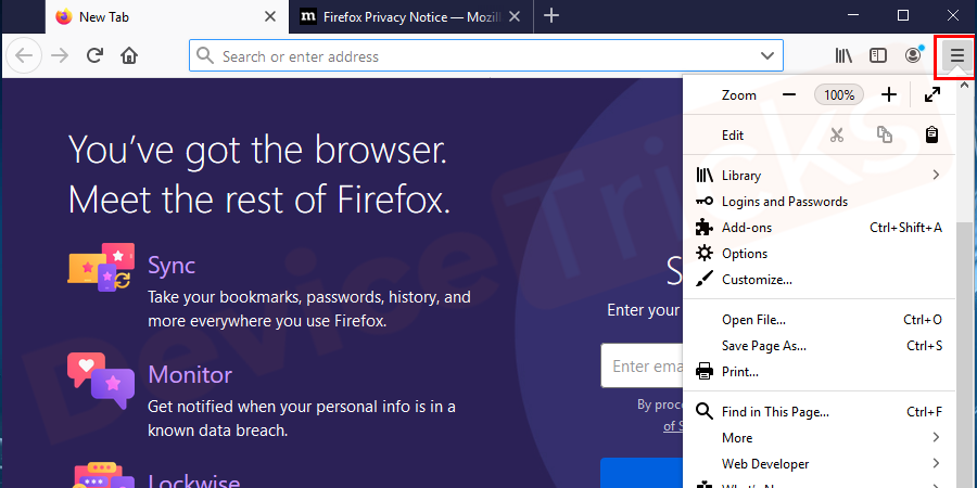 Open Mozilla Firefox and click on the menu button as shown in the figure.
